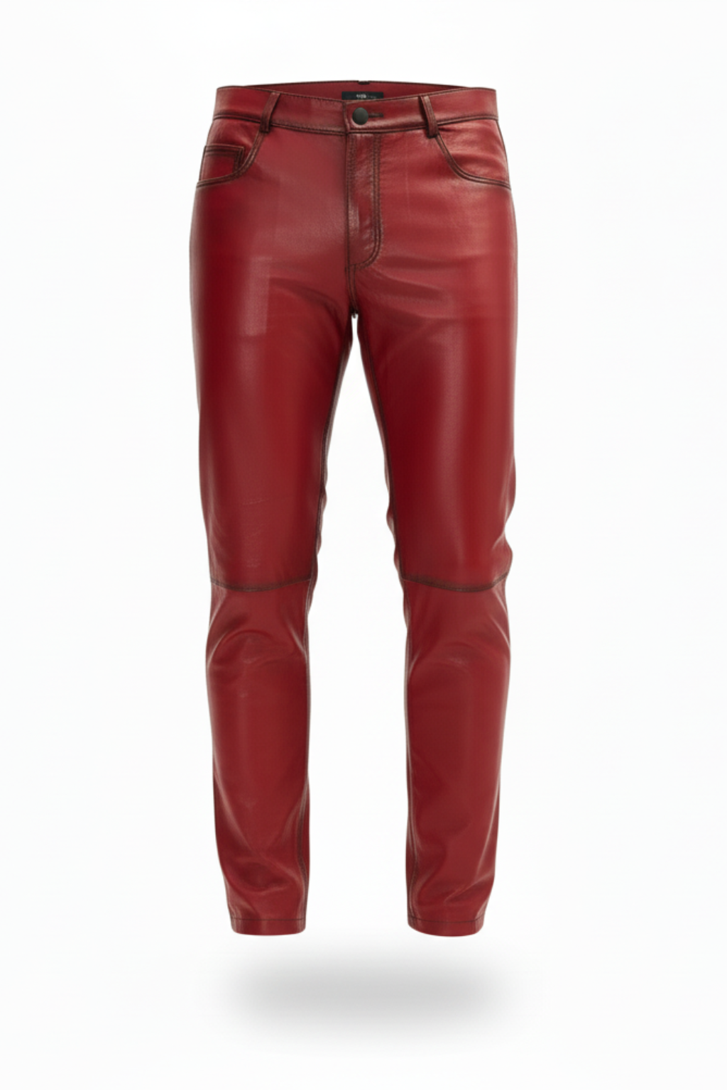 Men's distressed red leather pants with contrast dark stitching and horizontal knee seams, Front View. The Knox by Maverick Jacket.