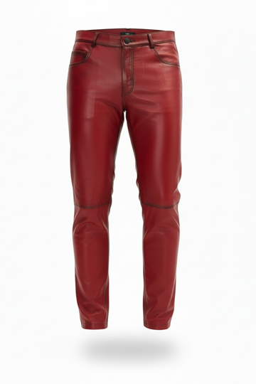 Men's distressed red leather pants with contrast dark stitching and horizontal knee seams, Front View. The Knox by Maverick Jacket.