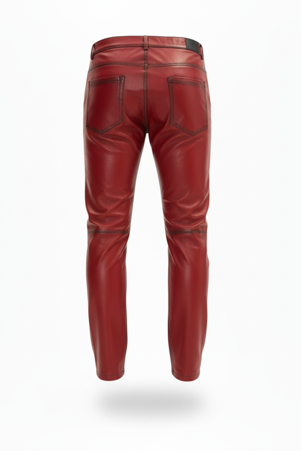 Rear view of distressed red leather pants showing rear patch pockets and knee panel construction. The Knox by Maverick Jacket.