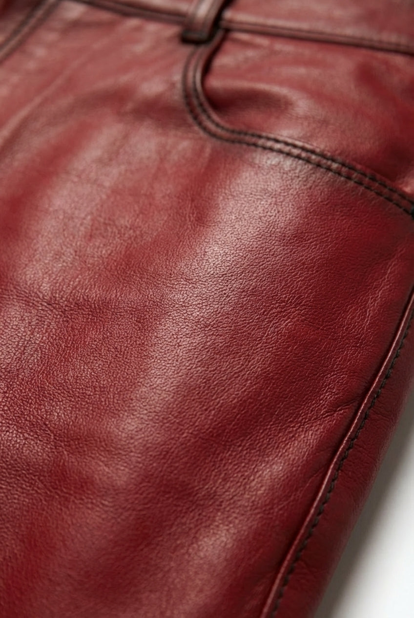 Macro shot of smooth red leather texture and coin pocket stitching on pants. Maverick Knox.