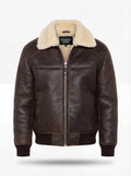Men's dark brown pebbled leather aviator jacket with cream shearling collar and ribbed knit hem, Front View. The Nomad by Maverick Jacket.