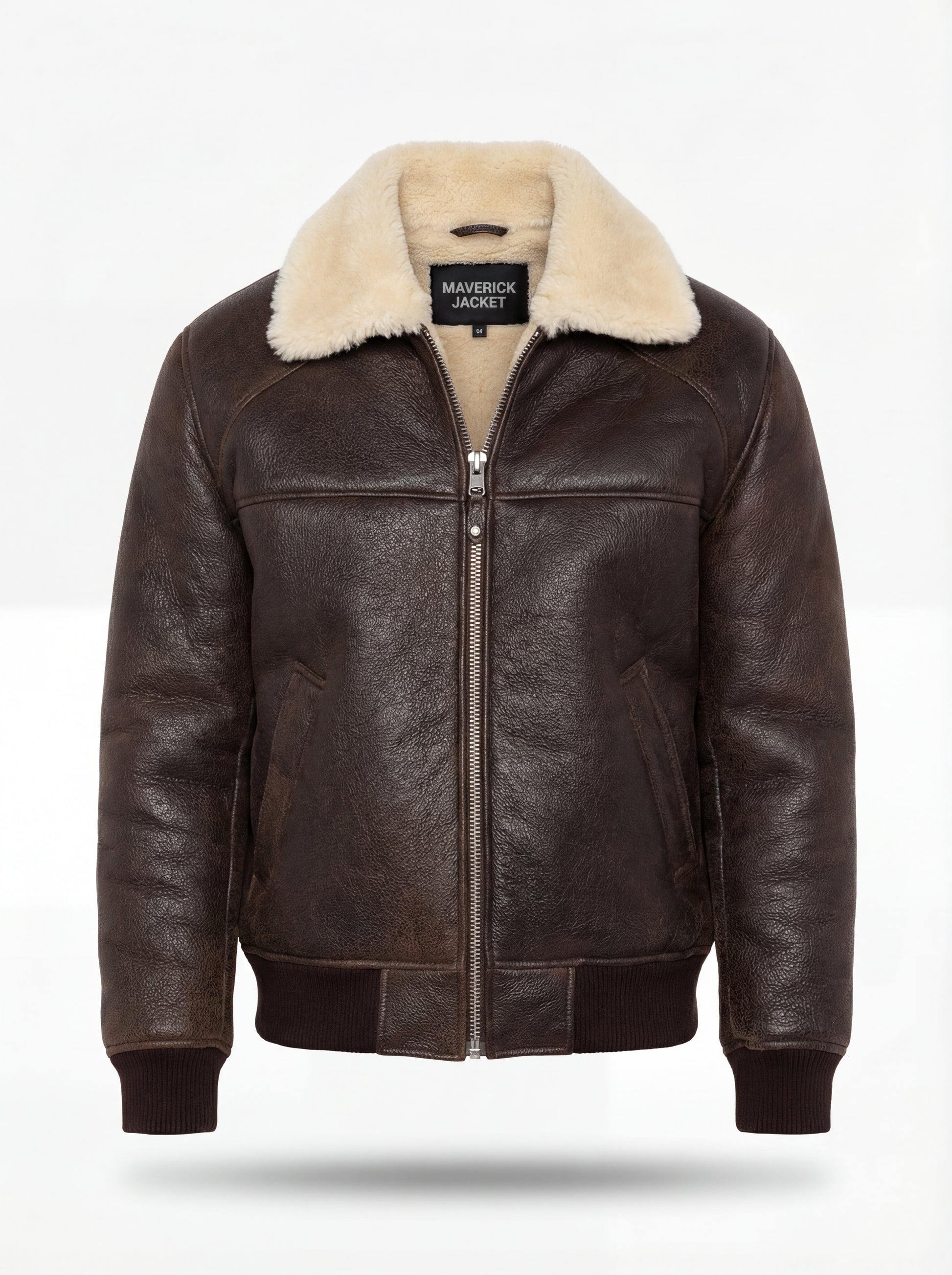 Men's dark brown pebbled leather aviator jacket with cream shearling collar and ribbed knit hem, Front View. The Nomad by Maverick Jacket.