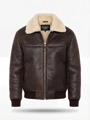 Men's dark brown pebbled leather aviator jacket with cream shearling collar and ribbed knit hem, Front View. The Nomad by Maverick Jacket.