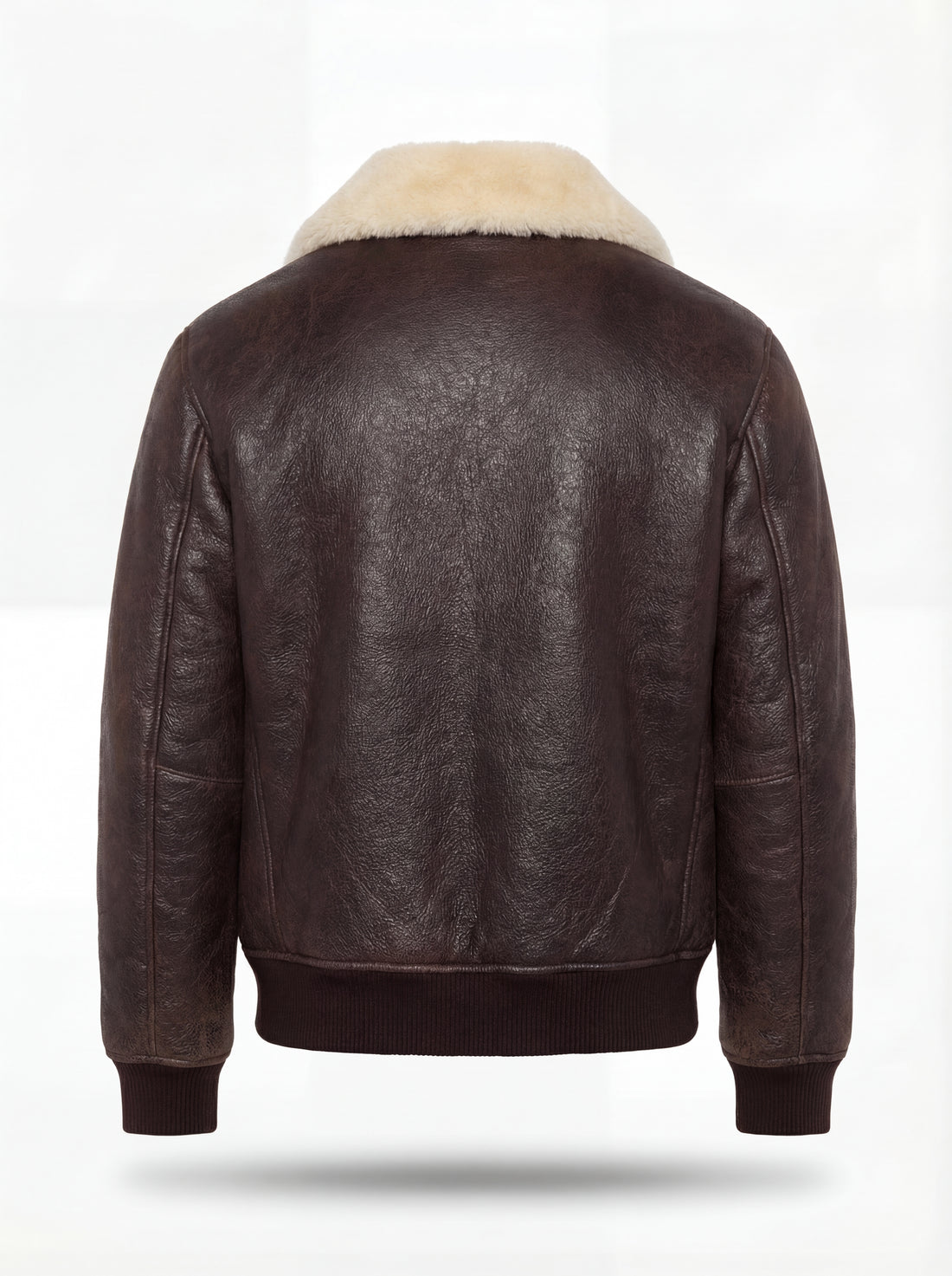 Men's dark brown pebbled leather aviator jacket with cream shearling collar and ribbed knit hem, Front View. The Nomad by Maverick Jacket.