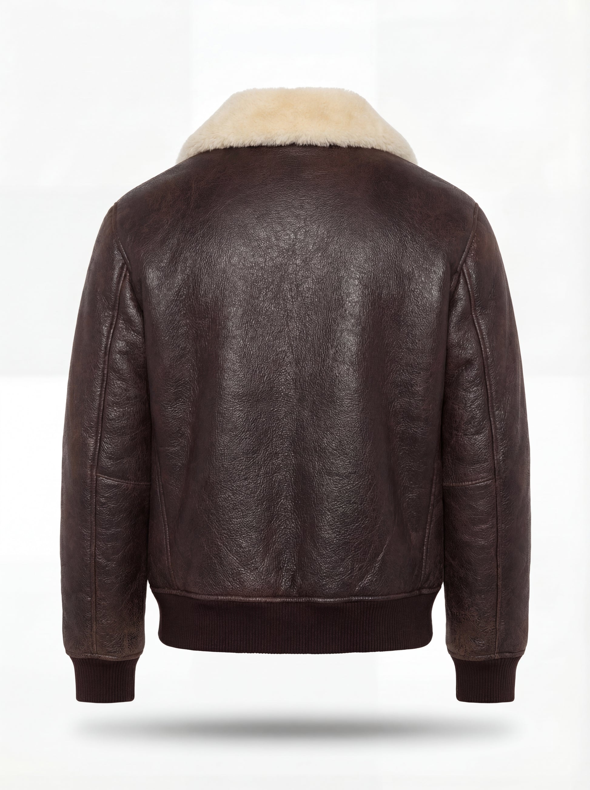 Rear view of dark brown leather aviator jacket showing clean back panel design and ribbed knit waistband. The Nomad by Maverick Jacket.