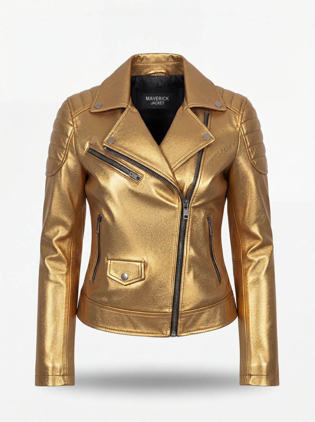Women's metallic gold leather biker jacket with quilted shoulder panels and asymmetrical silver zipper, Front View. The Aurora by Maverick Jacket.