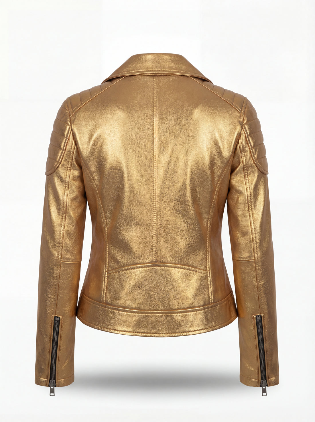 Women's metallic gold leather biker jacket with quilted shoulder panels and asymmetrical silver zipper, Front View. The Aurora by Maverick Jacket.