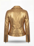 Rear view of metallic gold leather biker jacket showing quilted shoulder details and fitted back paneling. The Aurora by Maverick Jacket.
