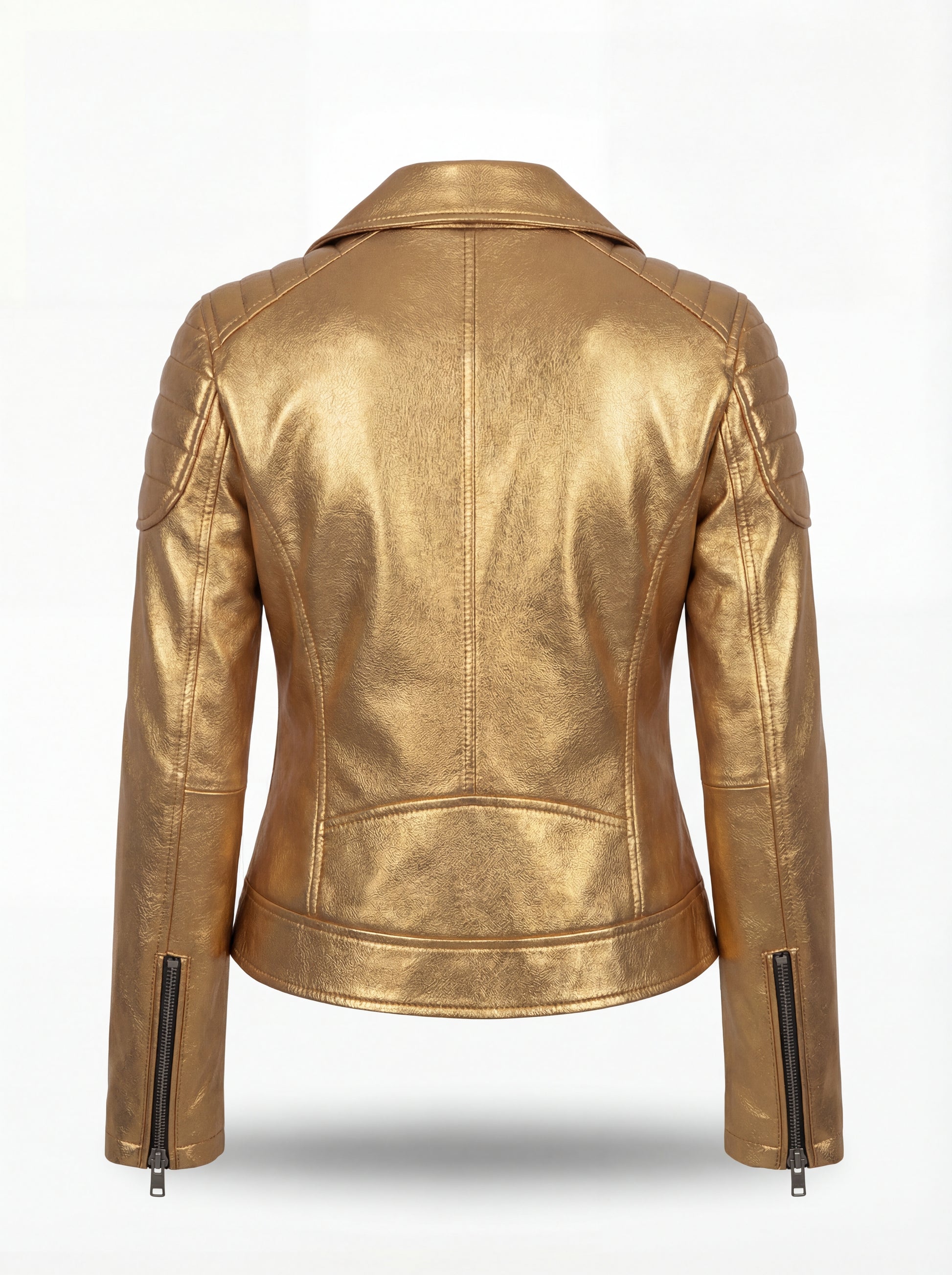 Rear view of metallic gold leather biker jacket showing quilted shoulder details and fitted back paneling. The Aurora by Maverick Jacket.