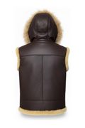 Rear view of brown leather shearling vest showing attached hood structure and clean back paneling. The Magnus by Maverick Jacket.