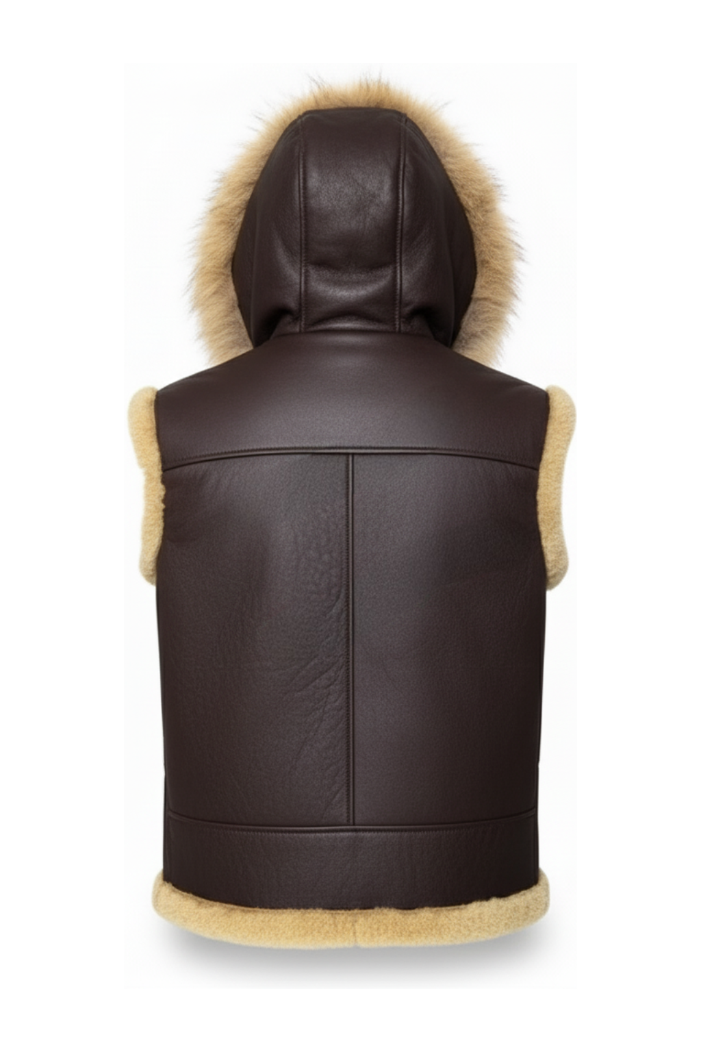 Rear view of brown leather shearling vest showing attached hood structure and clean back paneling. The Magnus by Maverick Jacket.