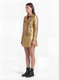 Side profile of Maverick Aurora biker jacket showing zippered sleeve cuffs and cropped waist silhouette. Maverick Jacket.