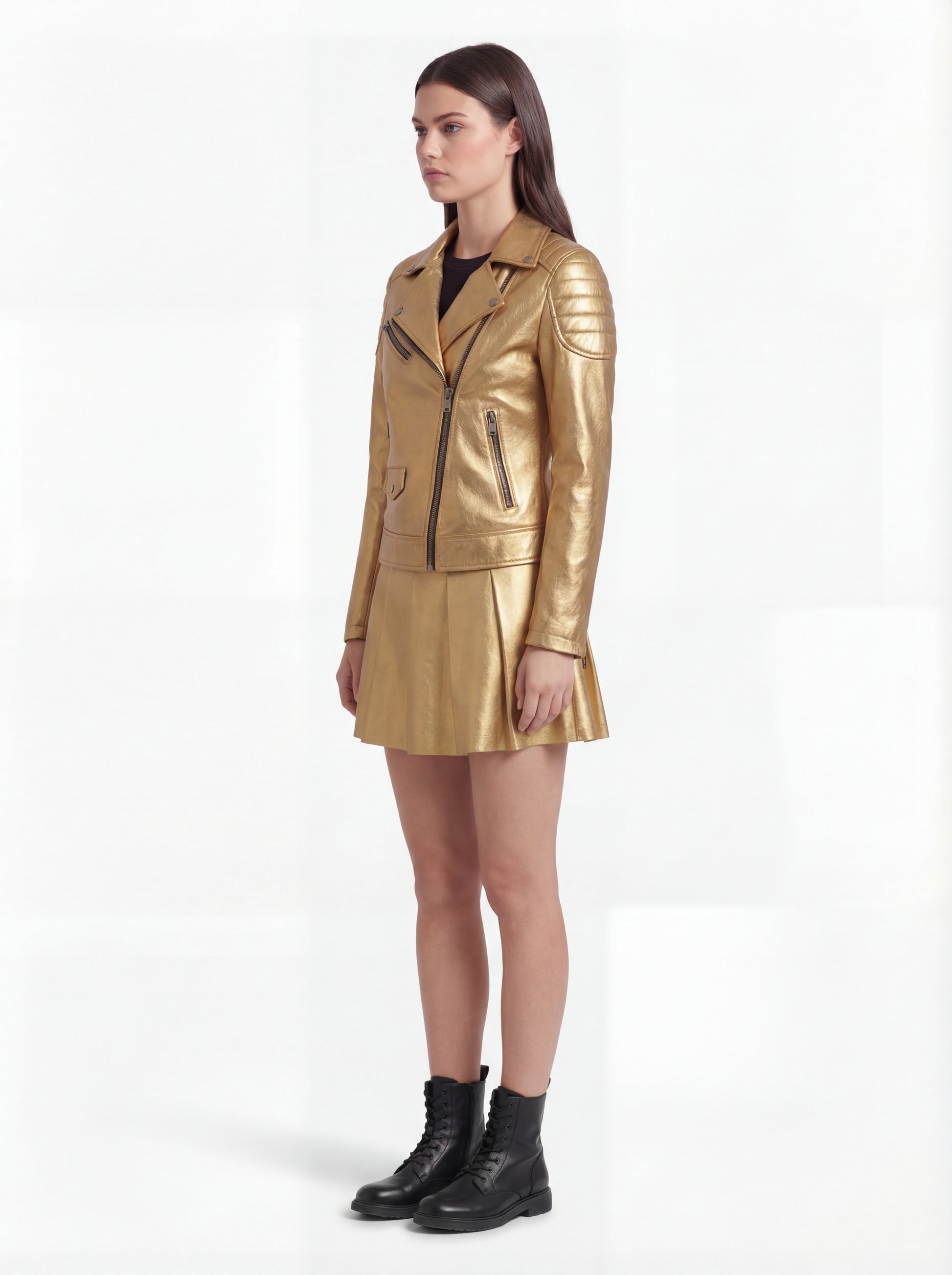 Side profile of Maverick Aurora biker jacket showing zippered sleeve cuffs and cropped waist silhouette. Maverick Jacket.