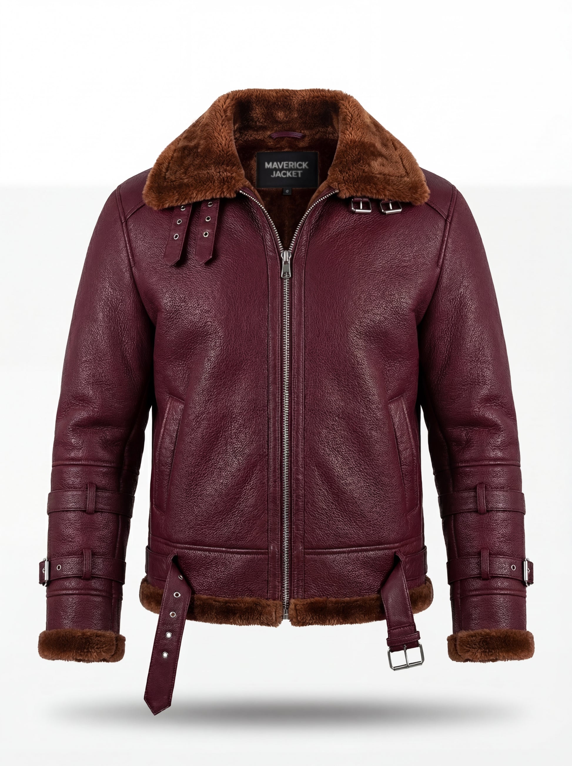 Men's burgundy pebbled leather B3 jacket with brown shearling collar and double buckled throat straps, Front View. The Garnet by Maverick Jacket.