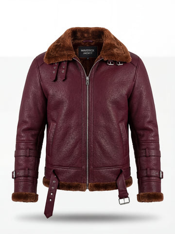 Men's burgundy pebbled leather B3 jacket with brown shearling collar and double buckled throat straps, Front View. The Garnet by Maverick Jacket.