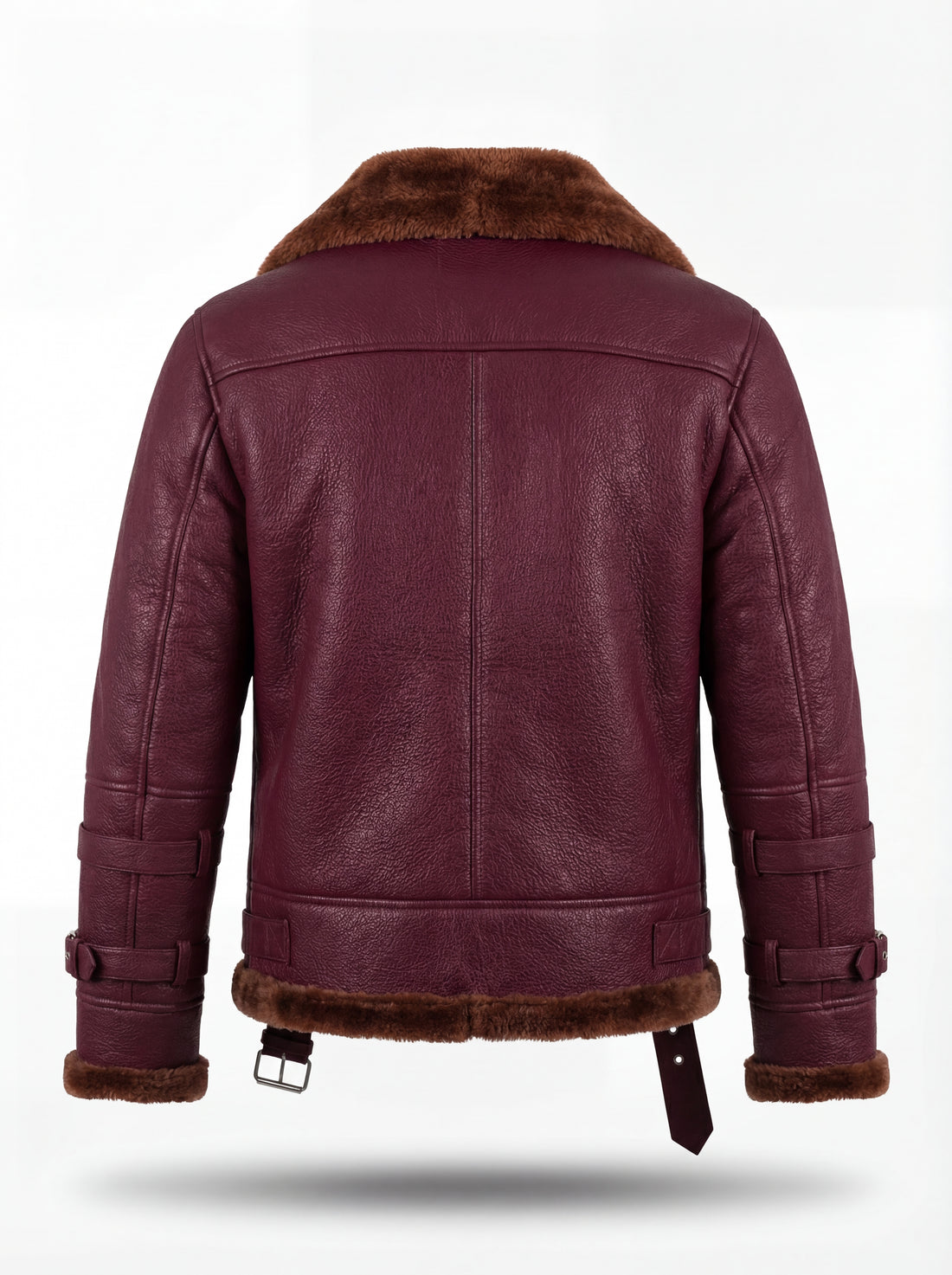 Men's burgundy pebbled leather B3 jacket with brown shearling collar and double buckled throat straps, Front View. The Garnet by Maverick Jacket.