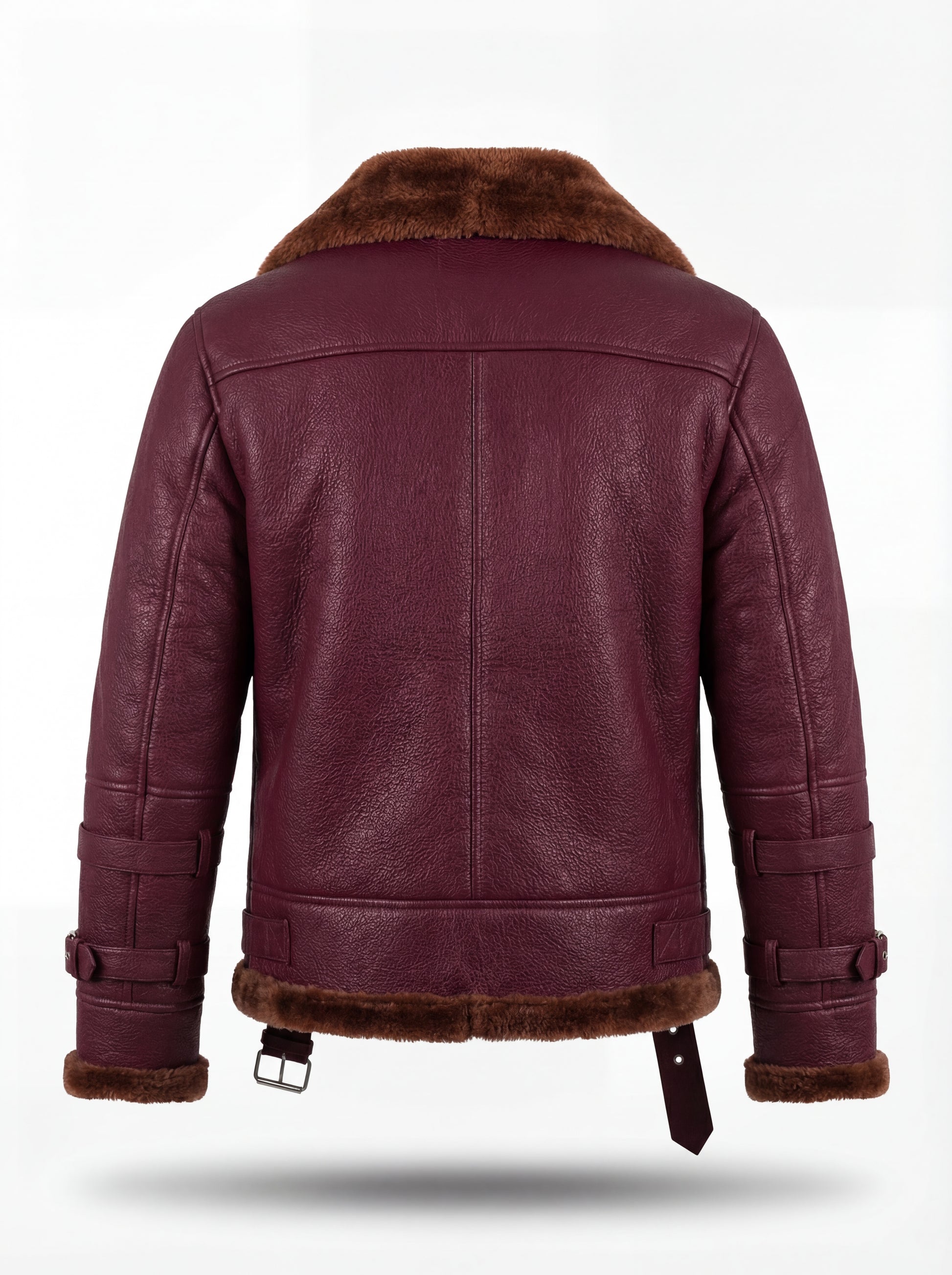 Rear view of burgundy leather B3 jacket showing central vertical seam and adjustable side waist buckles. The Garnet by Maverick Jacket.