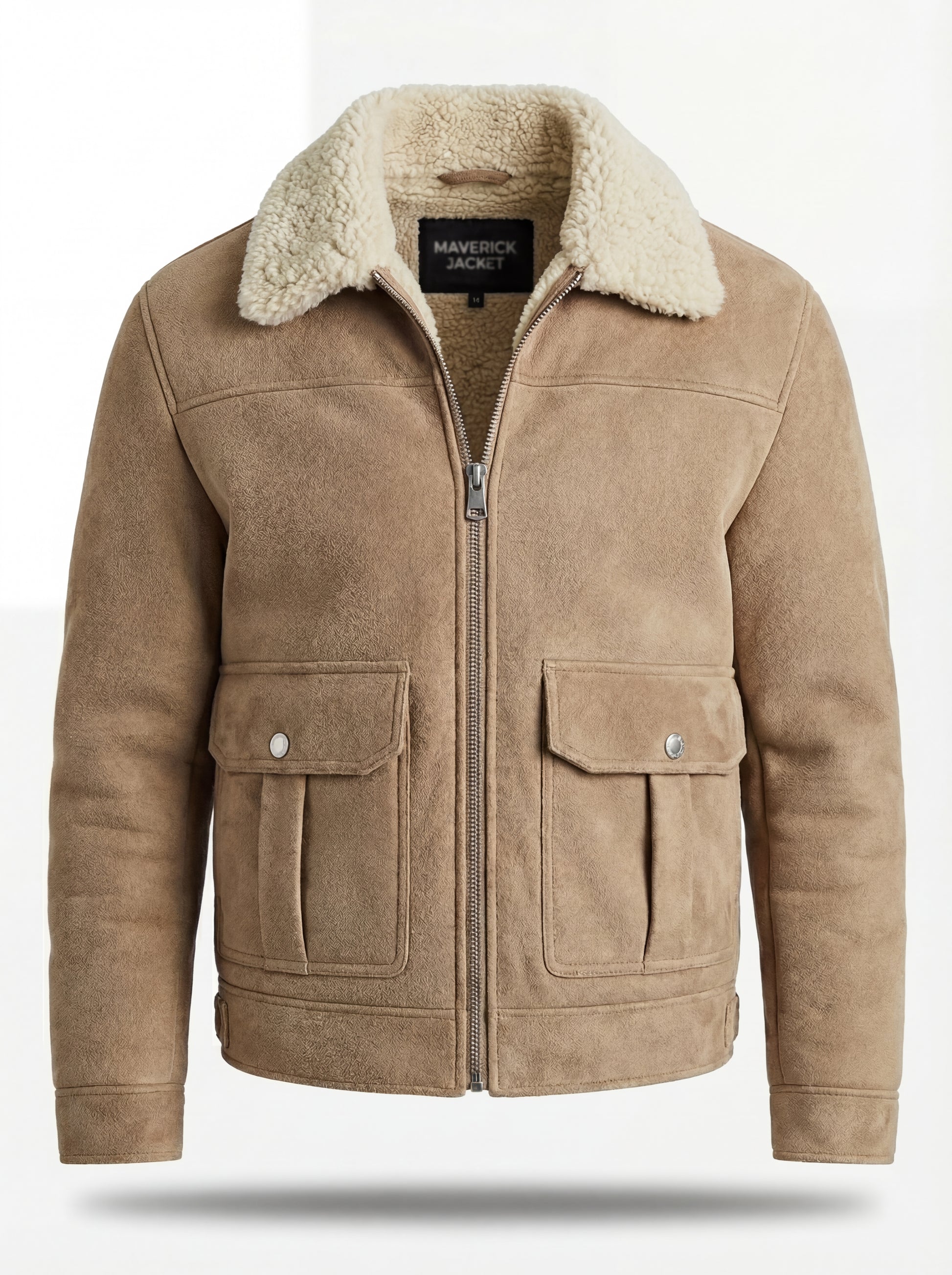 Men's beige suede shearling jacket with cream fleece collar and snap-button patch pockets, Front View. The Dune by Maverick Jacket.