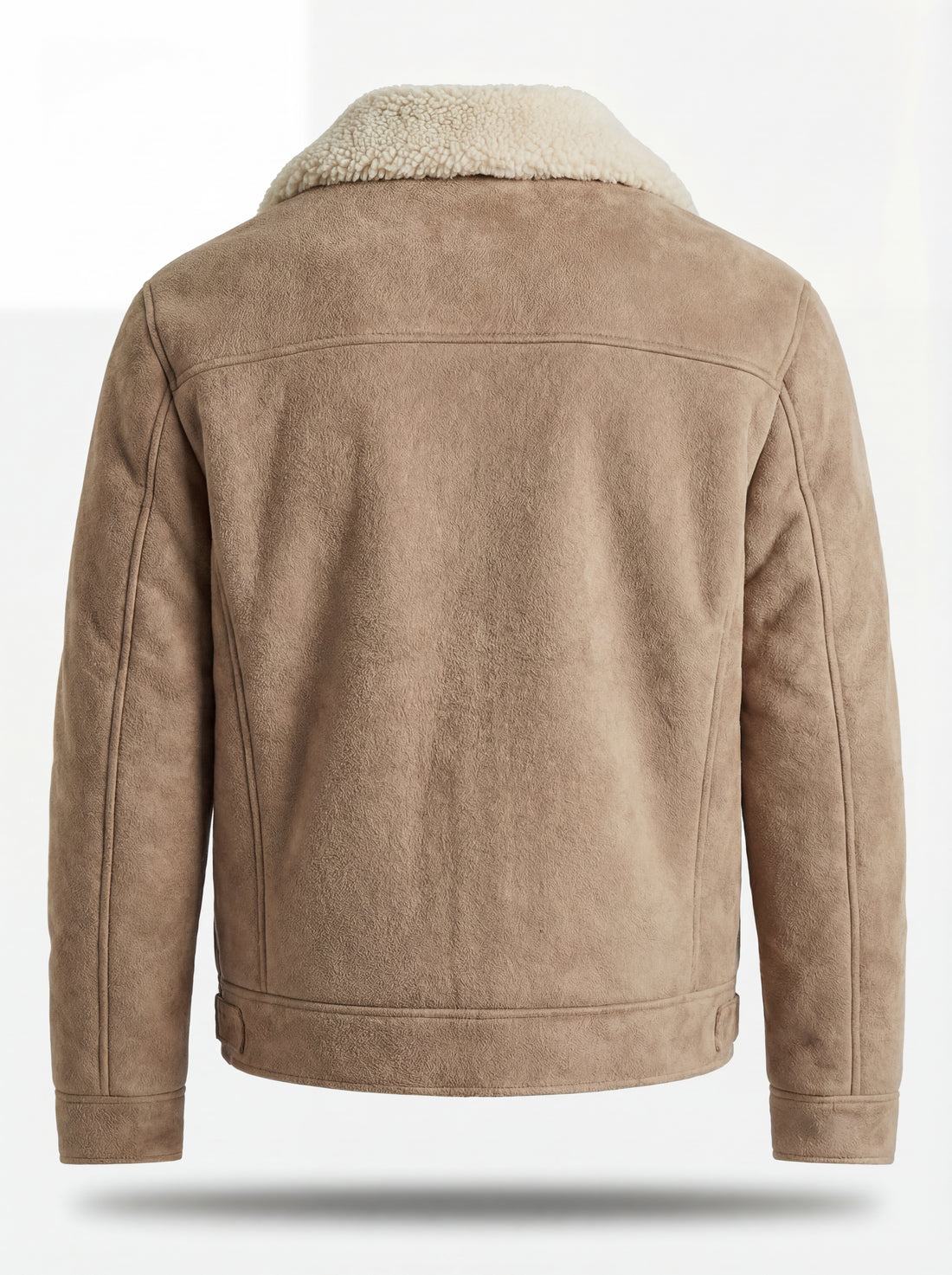 Men's beige suede shearling jacket with cream fleece collar and snap-button patch pockets, Front View. The Dune by Maverick Jacket.