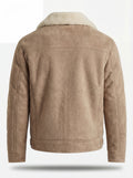 Rear view of beige suede shearling jacket showing horizontal shoulder yoke and adjustable waist tabs. The Dune by Maverick Jacket.