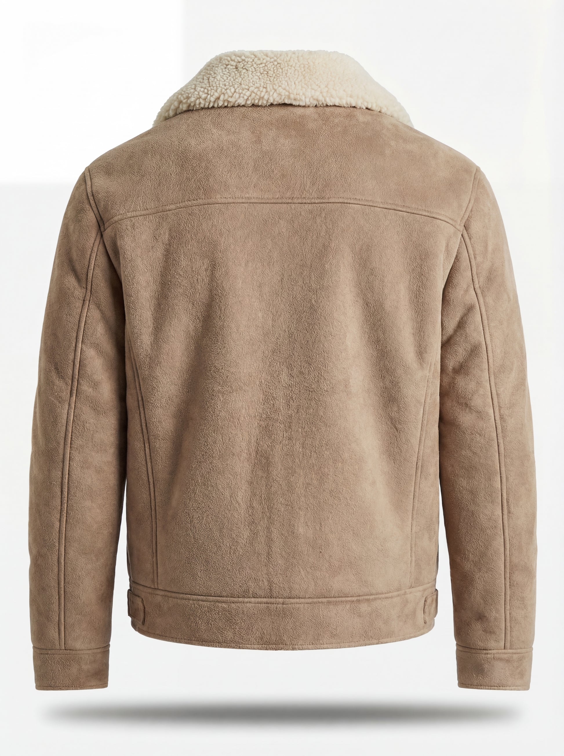 Rear view of beige suede shearling jacket showing horizontal shoulder yoke and adjustable waist tabs. The Dune by Maverick Jacket.