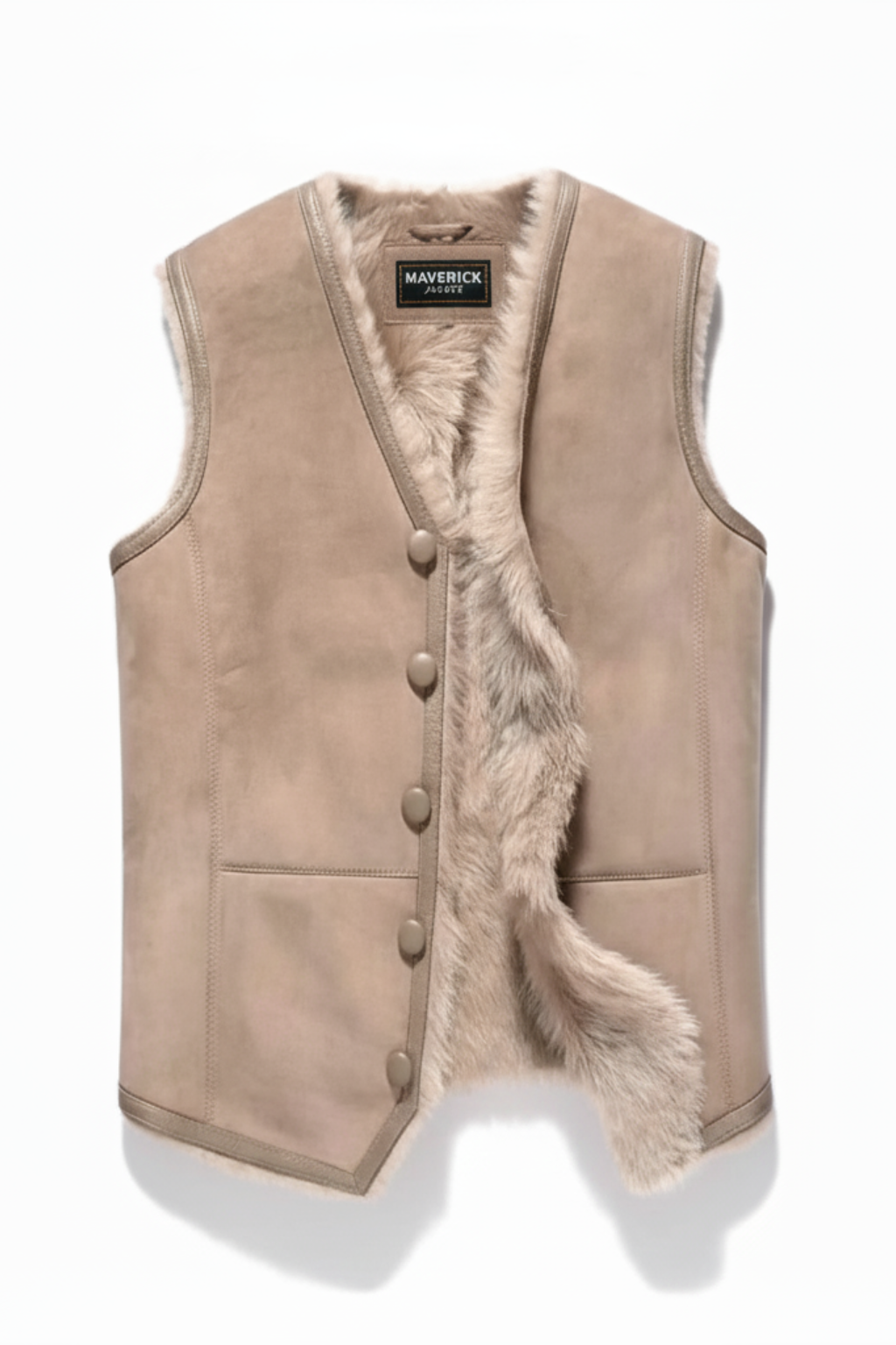 Men's tan shearling vest with plush wool collar and front zipper closure, Front View. The Owen by Maverick Jacket.