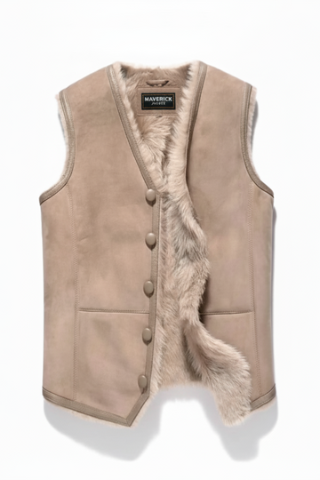 Men's tan shearling vest with plush wool collar and front zipper closure, Front View. The Owen by Maverick Jacket.