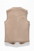 Rear view of tan shearling vest showing clean leather back paneling and structured fit. The Owen by Maverick Jacket.