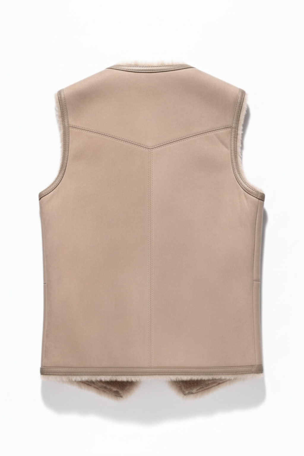 Rear view of tan shearling vest showing clean leather back paneling and structured fit. The Owen by Maverick Jacket.