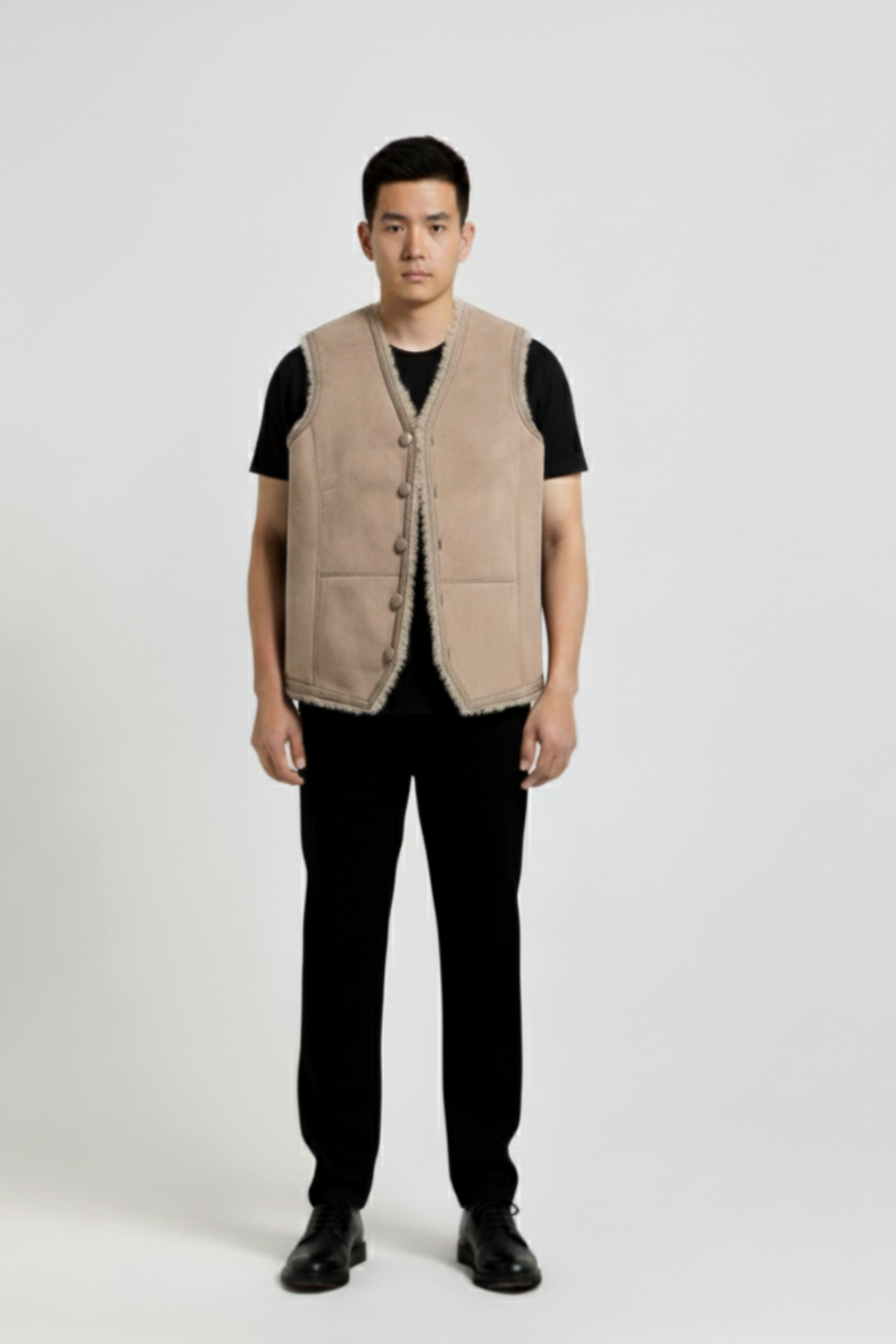Male model wearing Maverick Owen shearling vest, layered fit, styled over a plaid flannel shirt and raw indigo denim. Maverick Jacket.