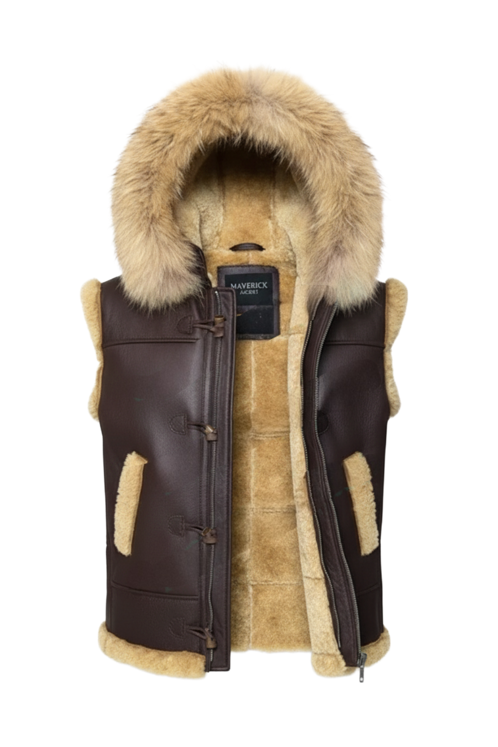 Men's brown leather hooded shearling vest with plush fur lining and zipper closure, Front View. The Magnus by Maverick Jacket.