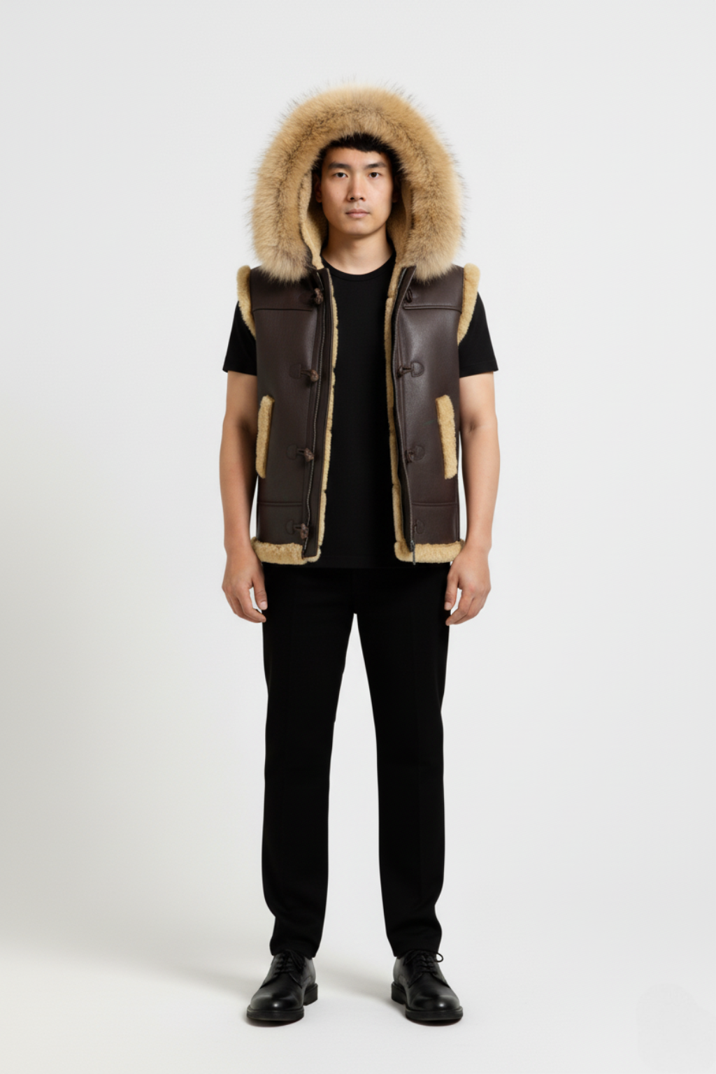 Male model wearing Maverick Magnus hooded shearling vest, regular fit, styled over a cable knit sweater with dark wash denim jeans. Maverick Jacket.
