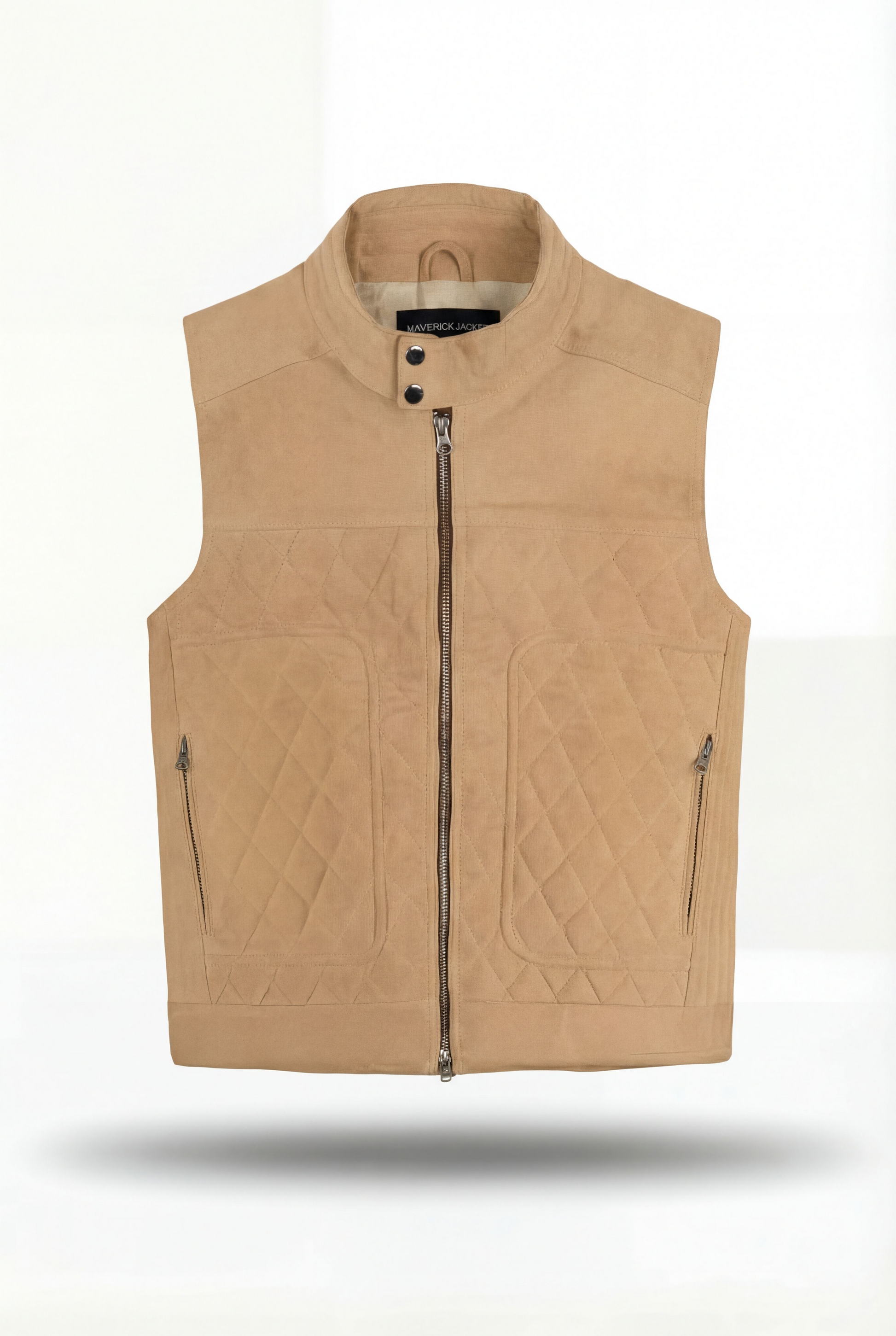 Men's tan suede quilted vest with ribbed knit collar and silver zipper closure, Front View. The Leo Maverick Jacket.