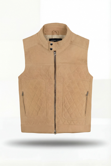 Men's tan suede quilted vest with ribbed knit collar and silver zipper closure, Front View. The Leo Maverick Jacket.