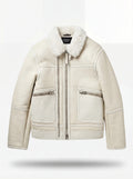 Men's white pebbled leather shearling jacket with white fur collar and silver zippered pockets, Front View. The Summit by Maverick Jacket.