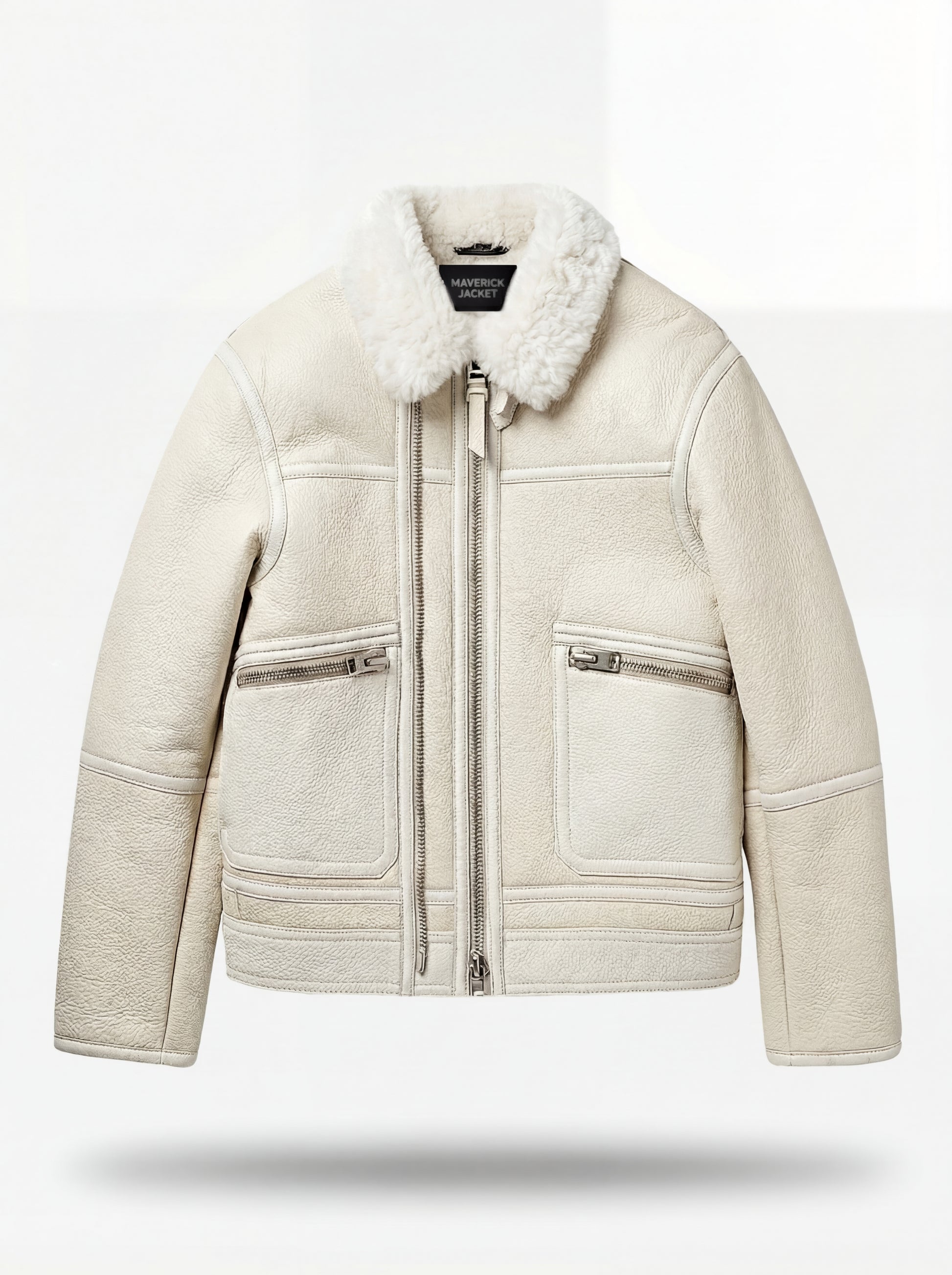 Men's white pebbled leather shearling jacket with white fur collar and silver zippered pockets, Front View. The Summit by Maverick Jacket.