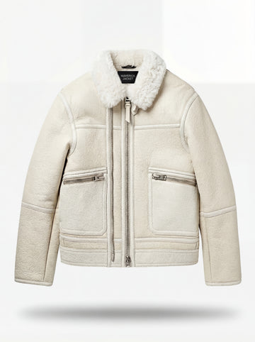 Men's white pebbled leather shearling jacket with white fur collar and silver zippered pockets, Front View. The Summit by Maverick Jacket.