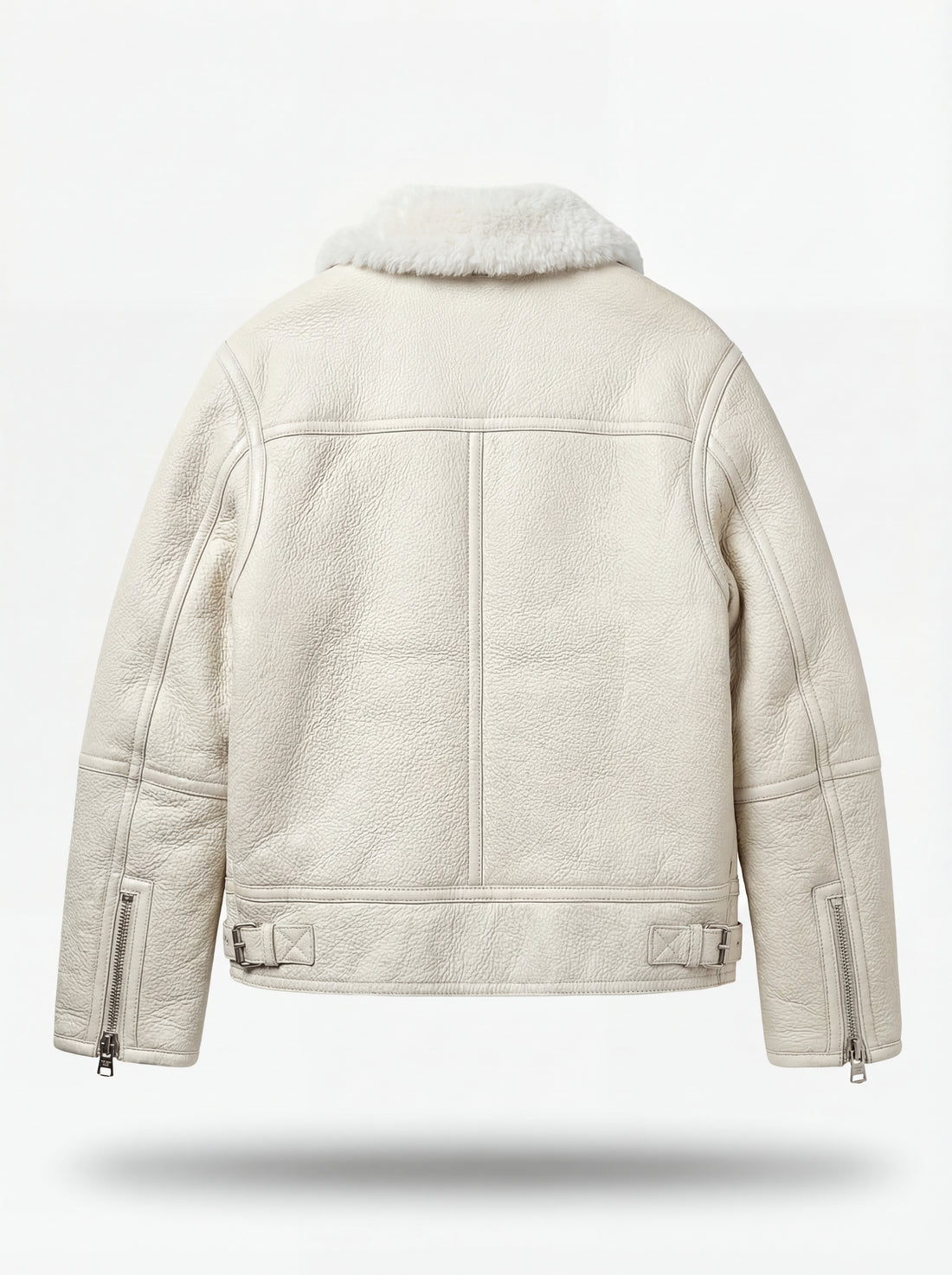 Men's white pebbled leather shearling jacket with white fur collar and silver zippered pockets, Front View. The Summit by Maverick Jacket.