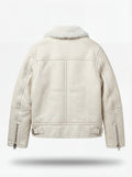 Rear view of white pebbled leather shearling jacket showing vertical center seam and adjustable side waist buckles. The Summit by Maverick Jacket.