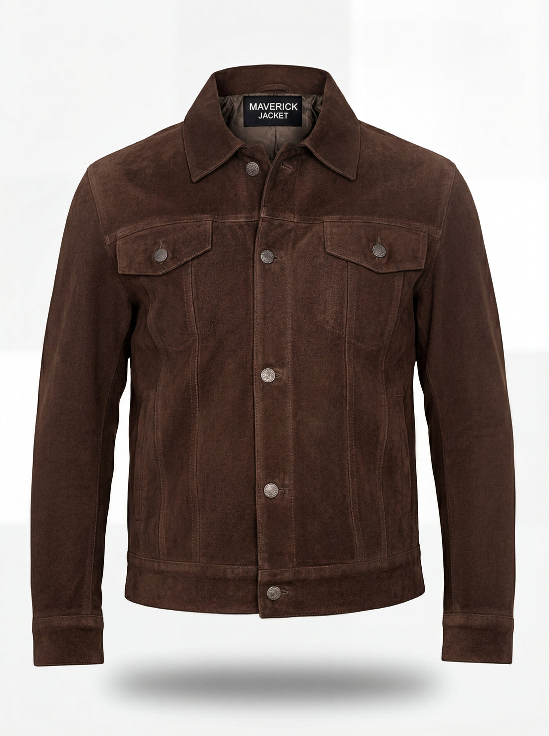 Men's brown suede trucker jacket with silver snap buttons and dual chest flap pockets, Front View. The Callum by Maverick Jacket.