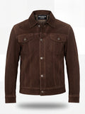 Men's brown suede trucker jacket with silver snap buttons and dual chest flap pockets, Front View. The Callum by Maverick Jacket.