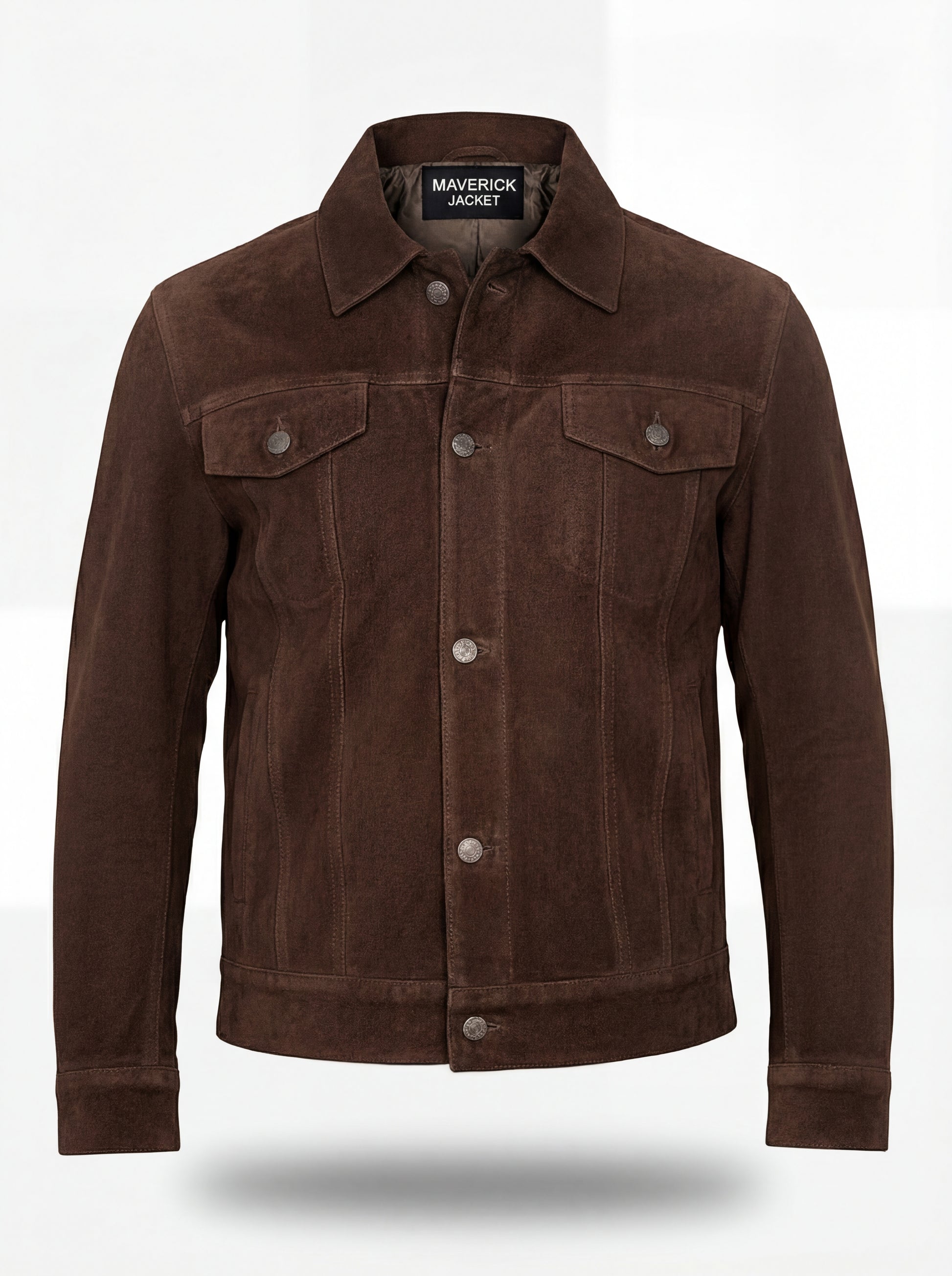 Men's brown suede trucker jacket with silver snap buttons and dual chest flap pockets, Front View. The Callum by Maverick Jacket.