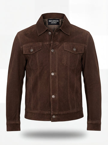 Men's brown suede trucker jacket with silver snap buttons and dual chest flap pockets, Front View. The Callum by Maverick Jacket.