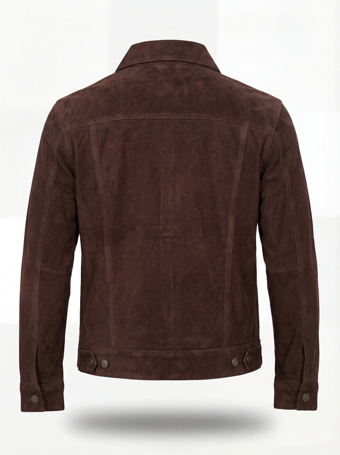 Men's brown suede trucker jacket with silver snap buttons and dual chest flap pockets, Front View. The Callum by Maverick Jacket.