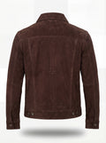 Rear view of brown suede trucker jacket showing structured back yoke and adjustable waist tabs. The Callum by Maverick Jacket.