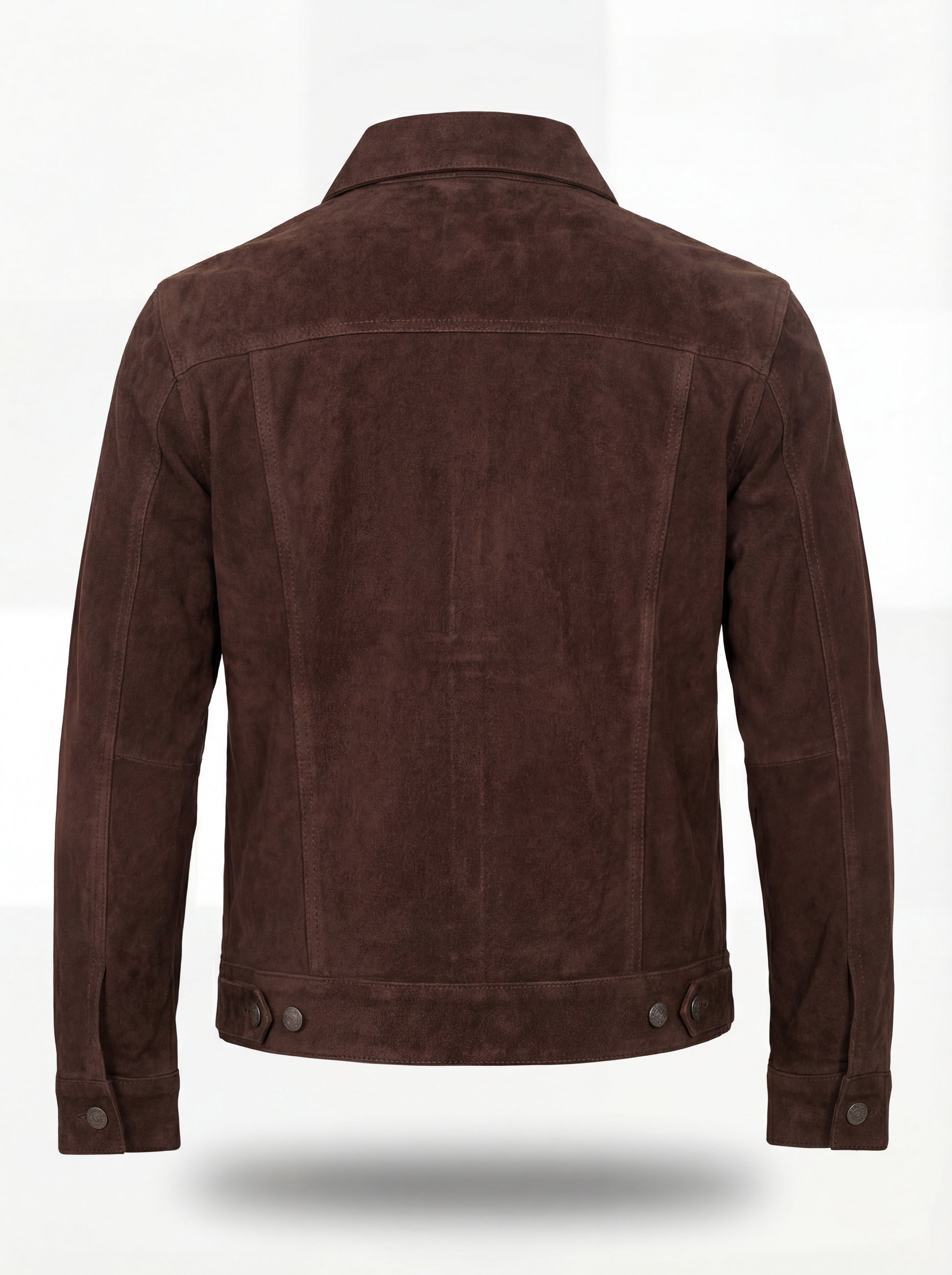 Rear view of brown suede trucker jacket showing structured back yoke and adjustable waist tabs. The Callum by Maverick Jacket.