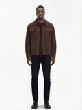 Male model wearing Maverick Callum suede trucker jacket, regular fit, styled with black jeans. Maverick Jacket.