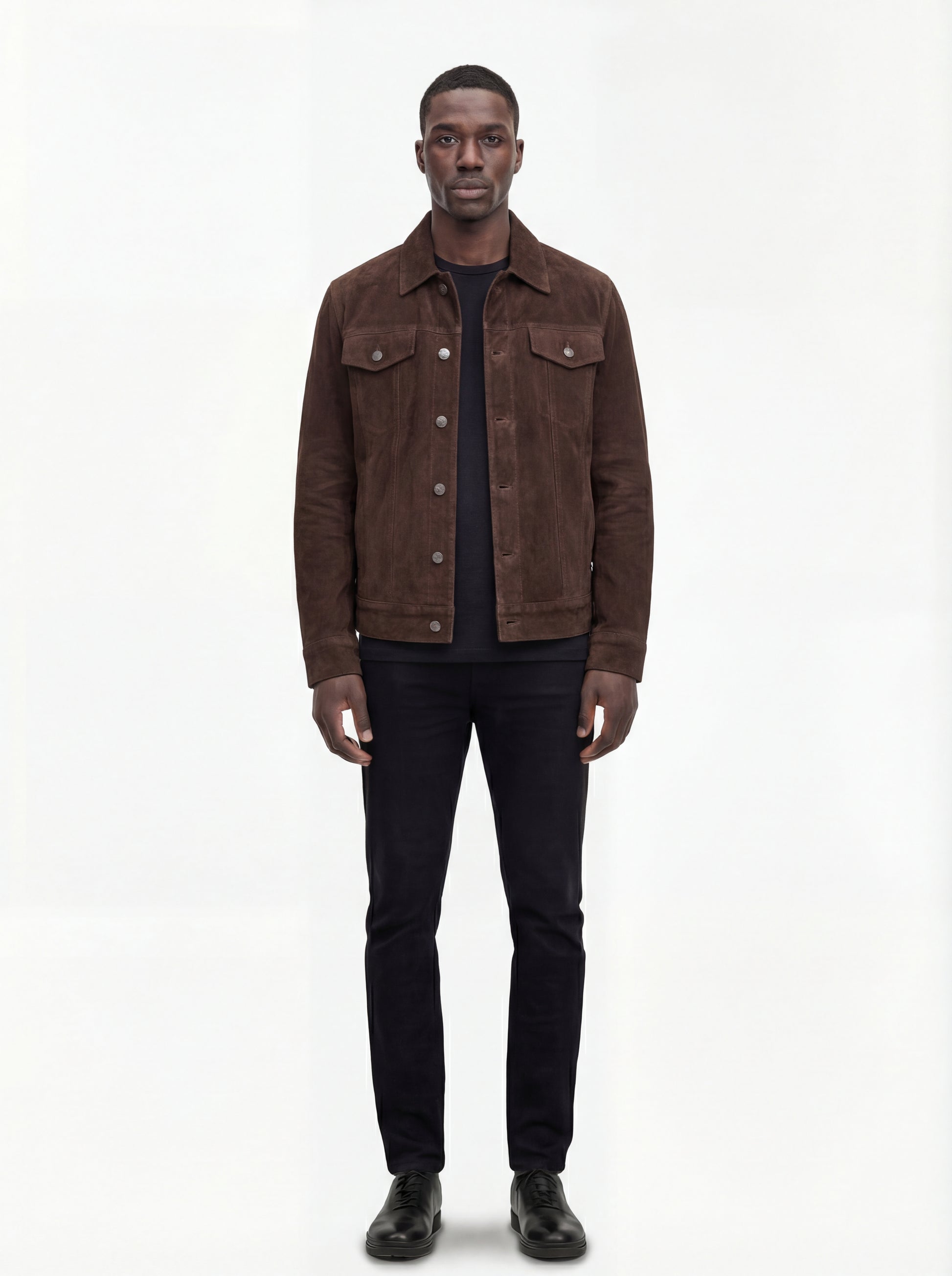 Male model wearing Maverick Callum suede trucker jacket, regular fit, styled with black jeans. Maverick Jacket.