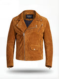 Men's tan suede biker jacket with asymmetrical zipper closure and notched lapels, Front View. The Atlas by Maverick Jacket.