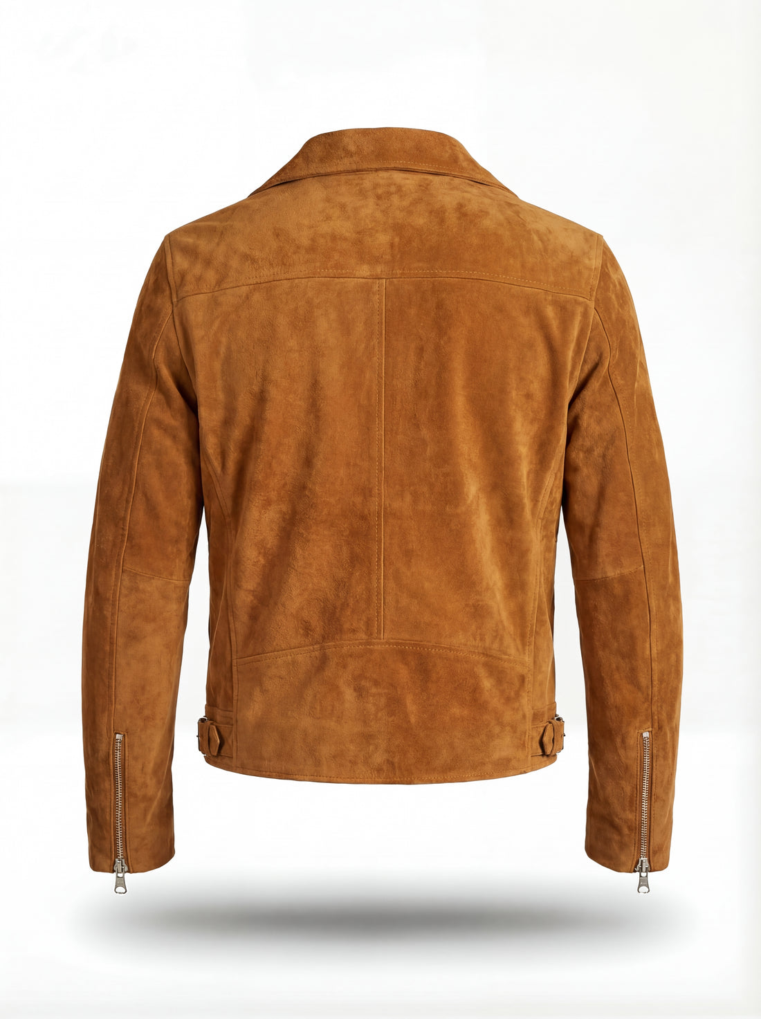 Men's tan suede biker jacket with asymmetrical zipper closure and notched lapels, Front View. The Atlas by Maverick Jacket.